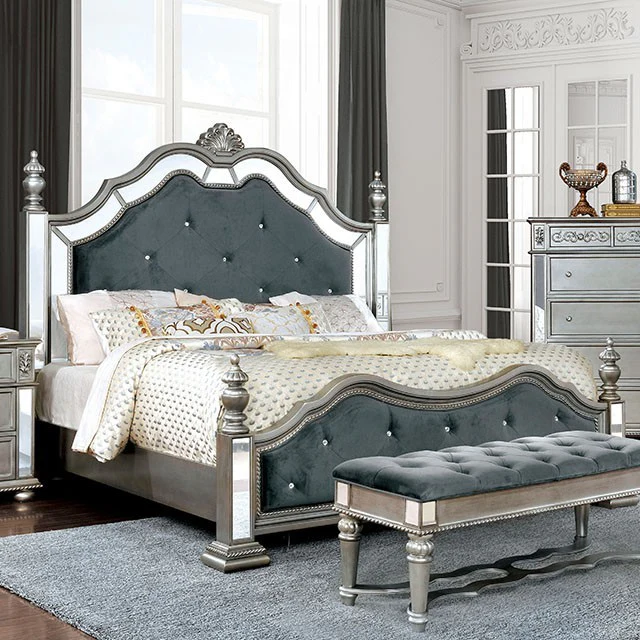 Azha Mirrored & Upholstered Bed Frame - Silver - Image 2