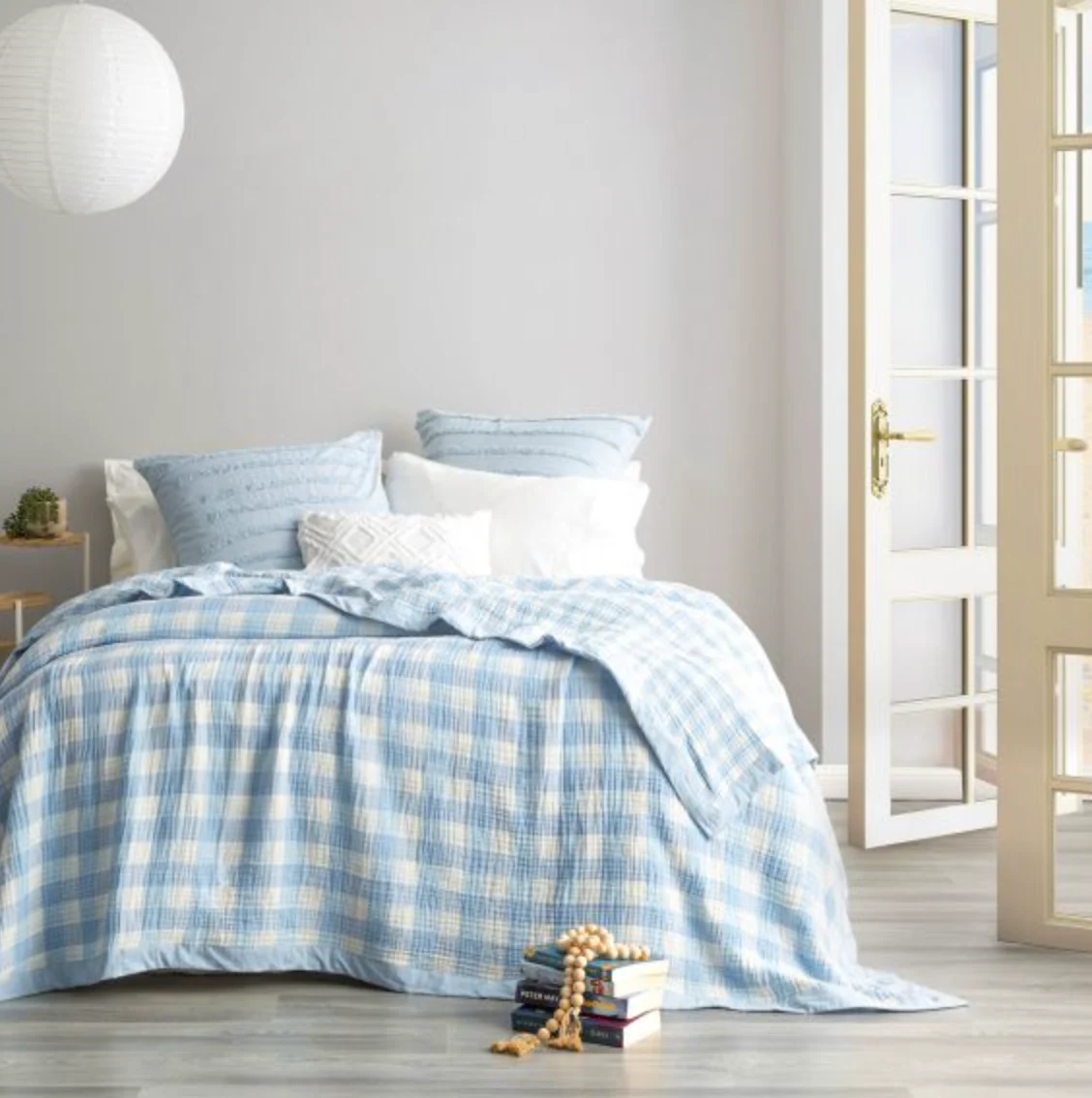 Gingham Washed Cotton Yarn Dyed Textured Blanket - Image 2